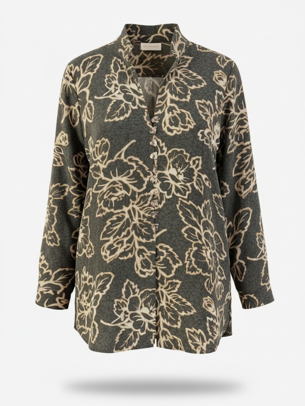 Dana Buchman Silk Tropical Print Tunic Size 8 Green Floral Leaf Button Lagenlook